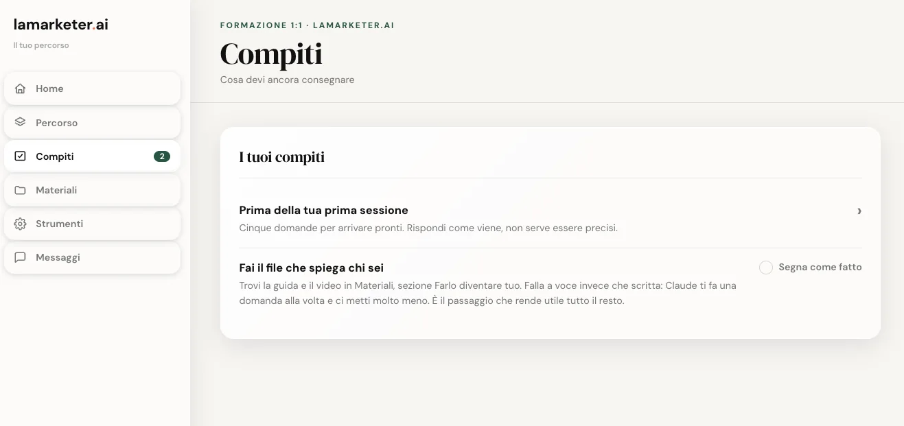 La pagina Compiti, con le consegne fra una sessione e l'altra.