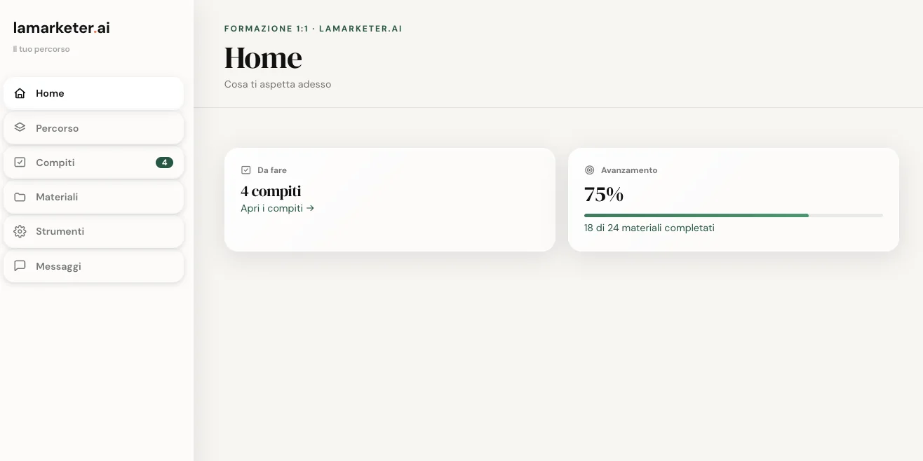La home della piattaforma: i compiti da fare e la percentuale di avanzamento.