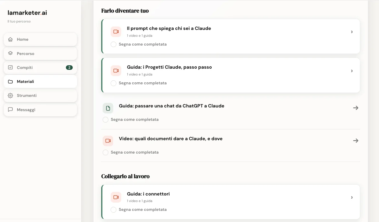 La pagina Materiali, con i video e le guide riservate divisi per argomento.